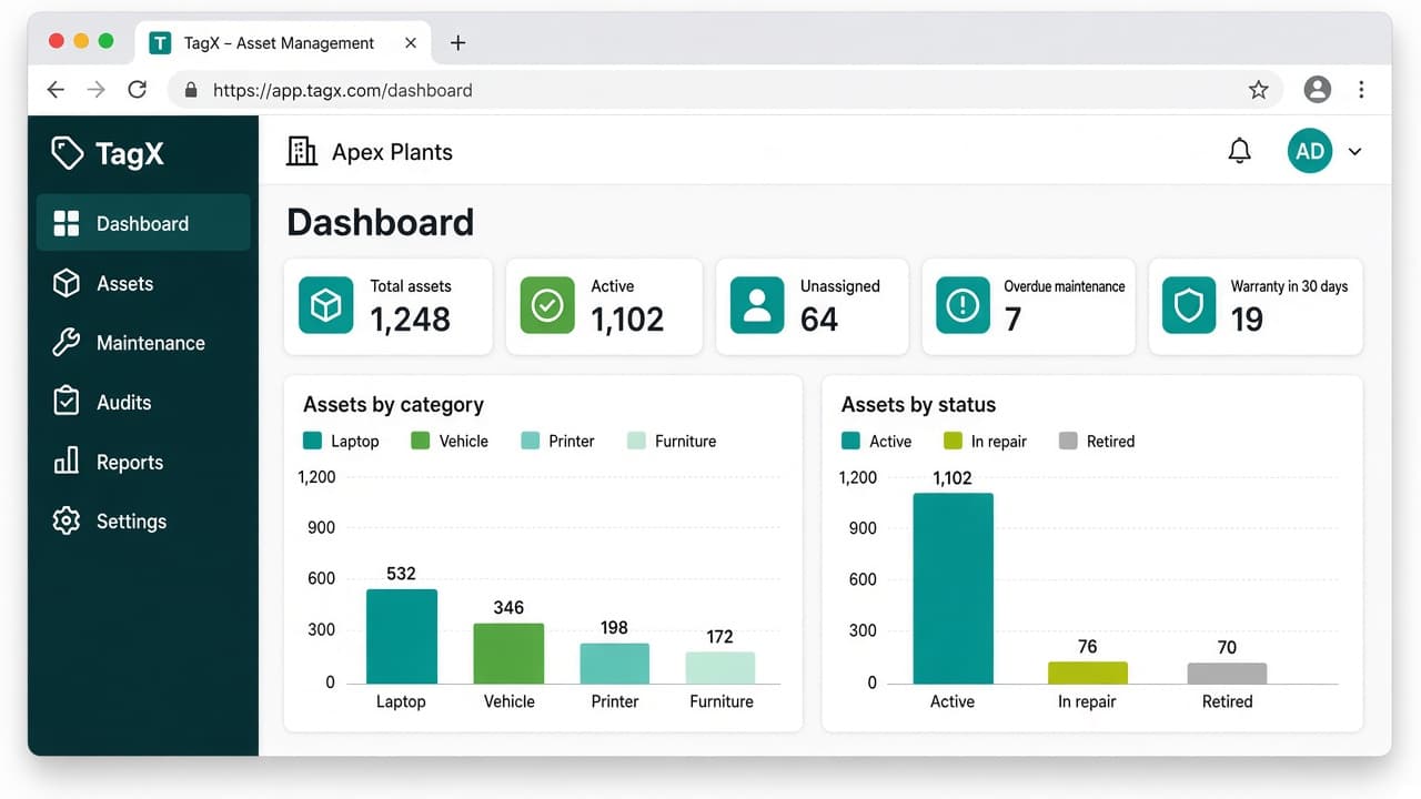 TagX dashboard with asset totals, warranty alerts, and category charts