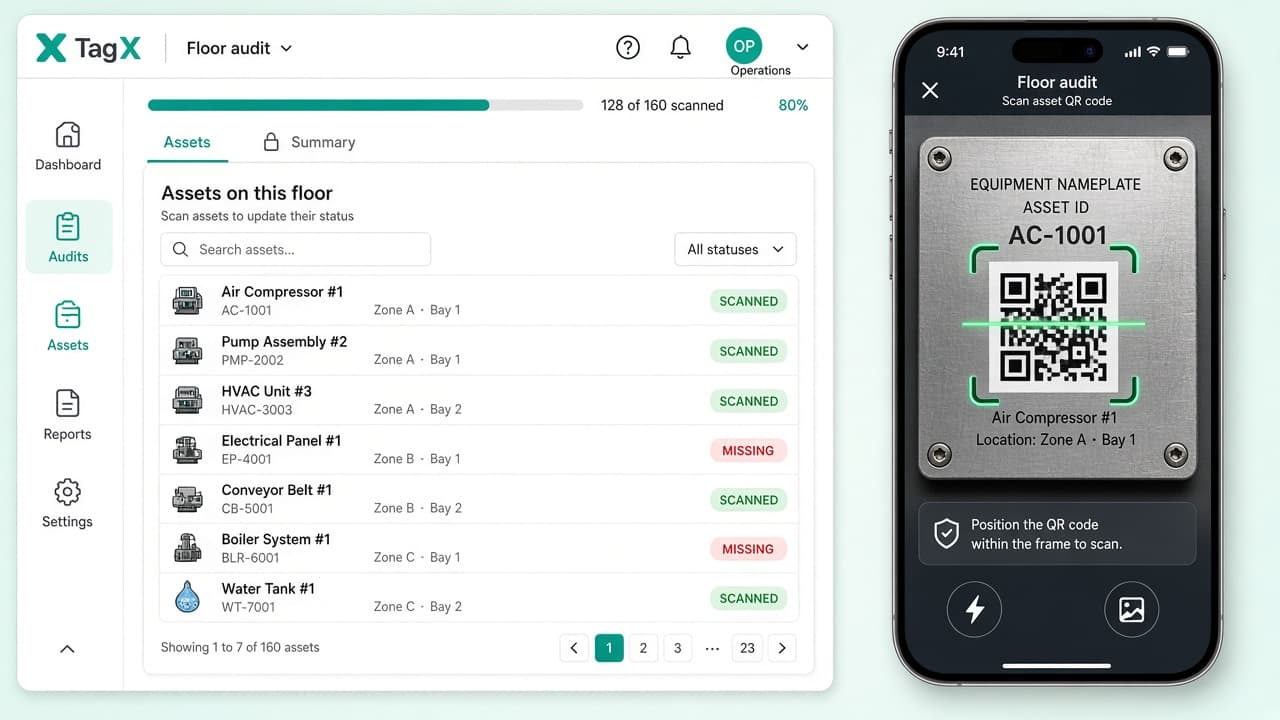 TagX floor audit with scan progress and a phone QR scanner